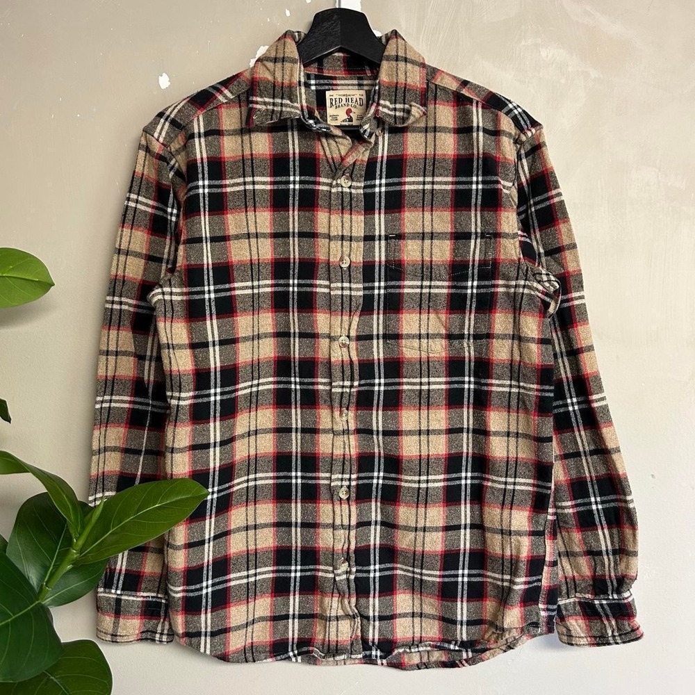 Red Head Brand Co Vintage 2000s Cream Plaid Cotton Flannel Shirt Mens S